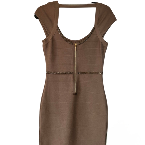 Guess Taupe Bodycon Bandage Fit Mini Dress Elegant with Sequin Accents Sz M Y2K - Picture 14 of 16